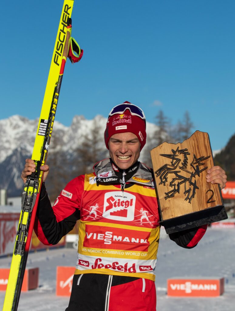 Johannes Lamparter freut sich über Rang zwei in der Gesamtwertung des Nordic Combined 