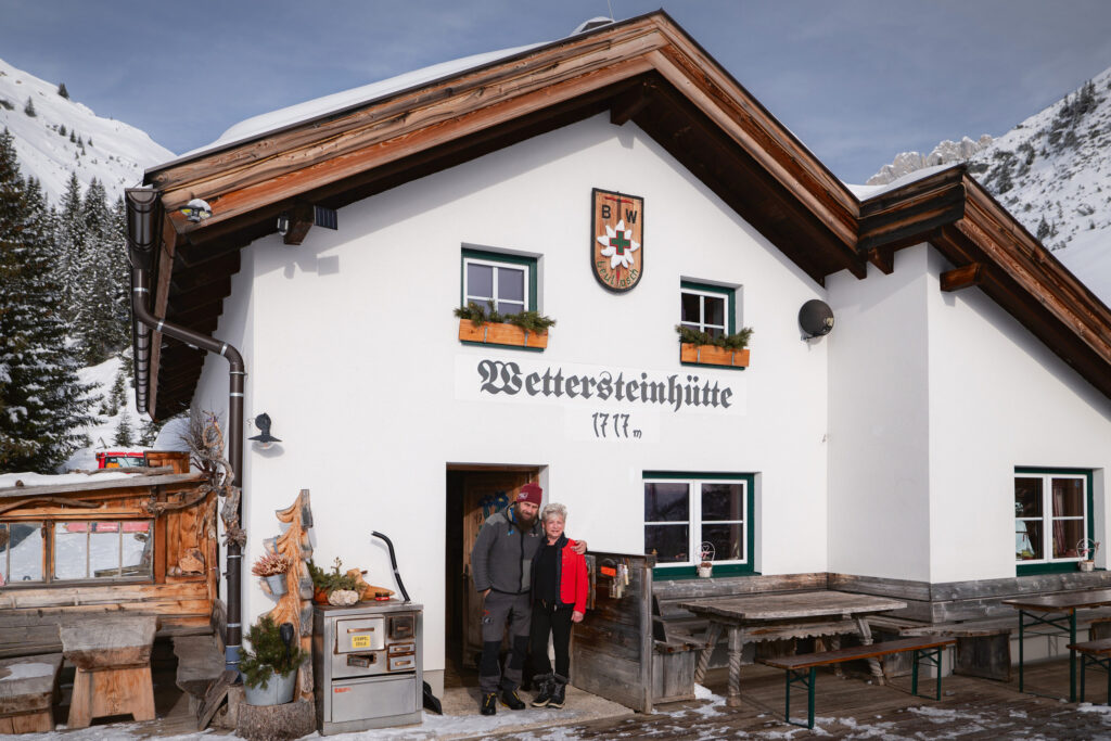 Wettersteinhütte in winter - mountain hut hosts Hans and Beate