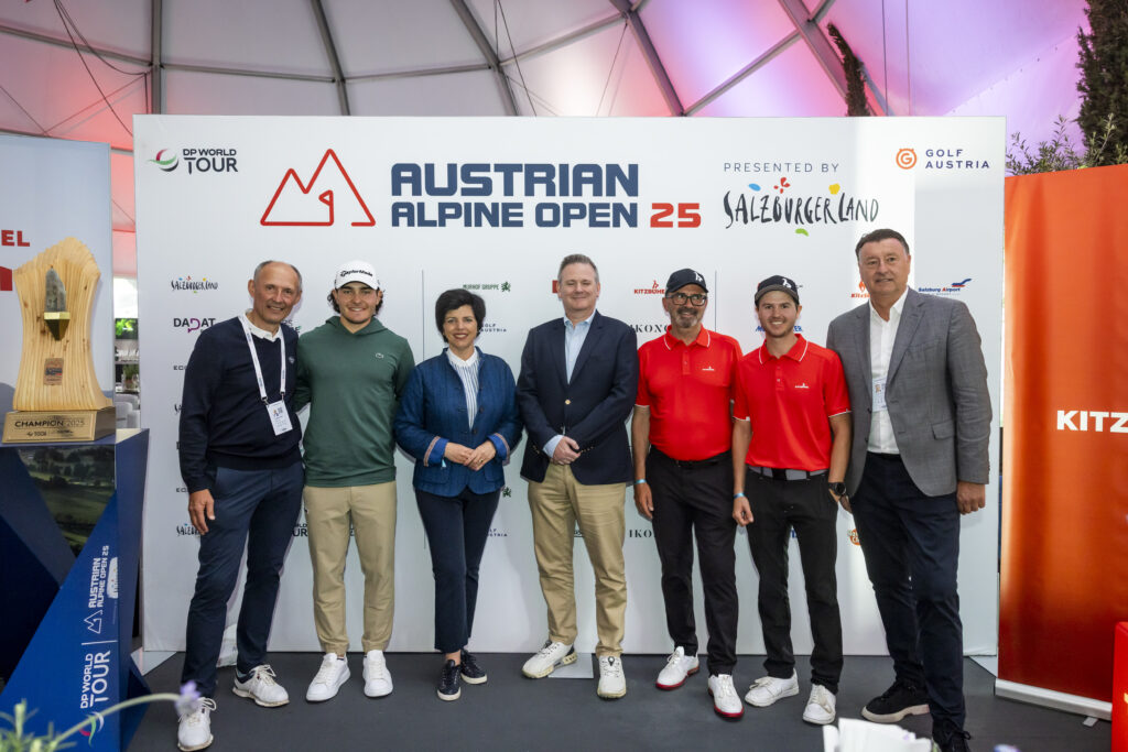 v.l. Leo Bauernberger (Geschäftsführer SalzburgerLand Tourismus), Maximilian Steinlechner (Tiroler Profi-Golfer), Karin Seiler (Geschäftsführerin der Tirol Werbung), Ben Cowen (CEO der DP World Tour), Guide Hinterseer (Golfplatz-Manager des Golfplatz Kitzbühel-Schwarzsee-Reith), Andreas Dagn (Vorstand Kitzbühel Tourismus) und Edwin Weindorfer (CEO von Golf Enterprises und Veranstalter der Austrian Alpine Open)
