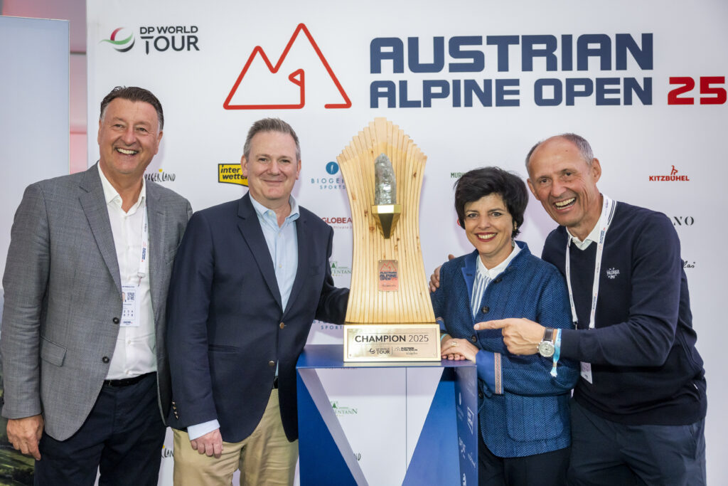 v.l. Edwin Weindorfer (CEO von Golf Enterprises und Veranstalter der Austrian Alpine Open), Ben Cowen (CEO der DP World Tour), Karin Seiler (Geschäftsführerin der Tirol Werbung), Leo Bauernberger (Geschäftsführer SalzburgerLand Tourismus)