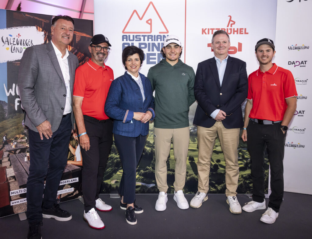 v.l. Edwin Weindorfer (CEO von Golf Enterprises und Veranstalter der Austrian Alpine Open), Guide Hinterseer (Golfplatz-Manager des Golfplatz Kitzbühel-Schwarzsee-Reith), Karin Seiler (Geschäftsführerin der Tirol Werbung), Maximilian Steinlechner (Tiroler Profi-Golfer), Ben Cowen (CEO der DP World Tour), Andreas Dagn (Vorstand Kitzbühel Tourismus).